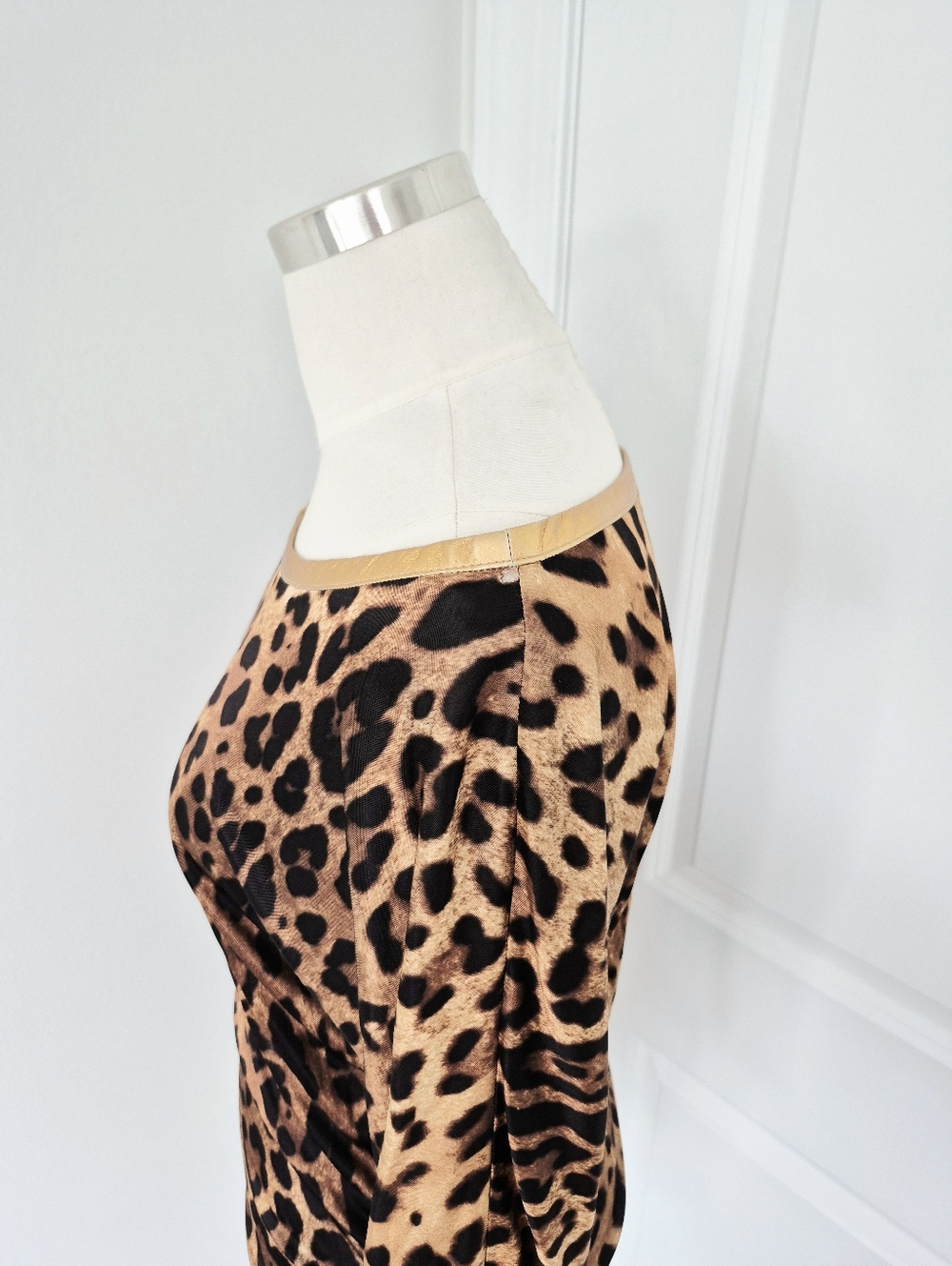 Vtg 90s D&G Leopard Rose Gold Leather Trim 3/4 Flared Slv Tunic Top Luxury Retro - Picture 4 of 11